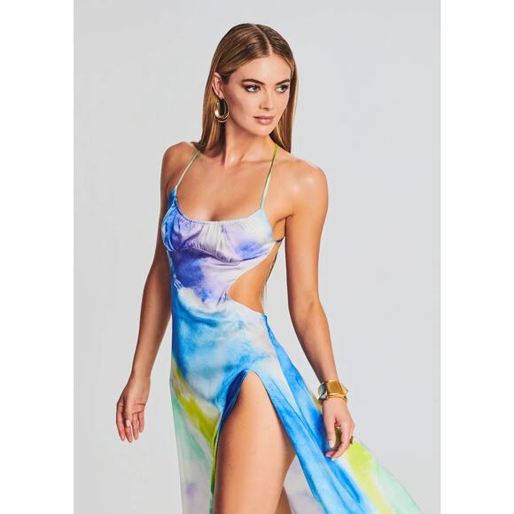 NWT Revolve Retrofete Women's Scarlett Silk Maxi Dress Watercolor Wave Size L - Picture 3 of 16